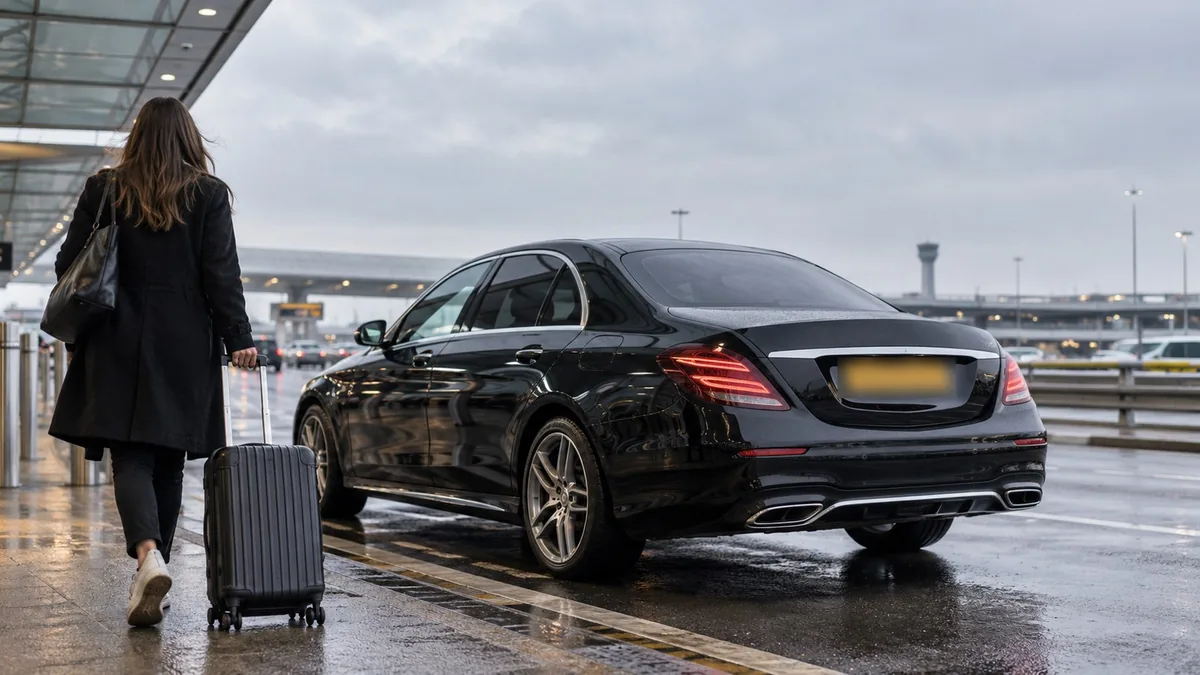 Traveller with a suitcase walking to a black Mercedes E-Class at a UK airport drop-off