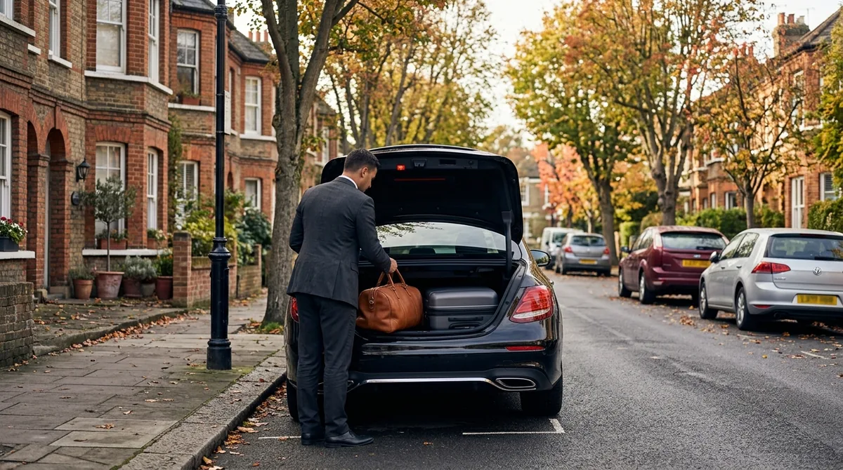 Driver loading suitcases into a black executive saloon for a Hampton Travel airport transfer