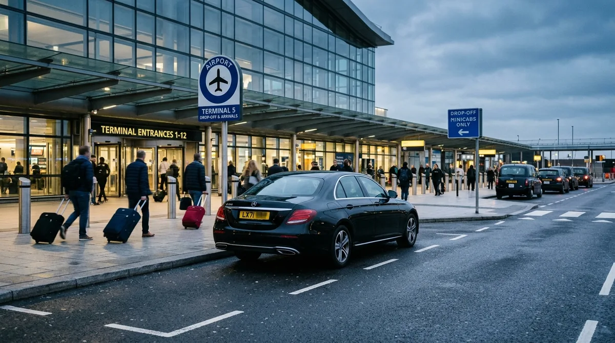 Black Mercedes executive saloon at a UK airport terminal for a Hampton Travel airport transfer