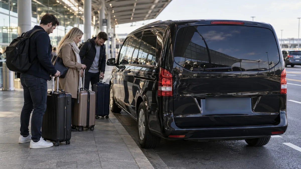 Black Mercedes Vito at a UK airport terminal for a Hampton Travel group airport transfer