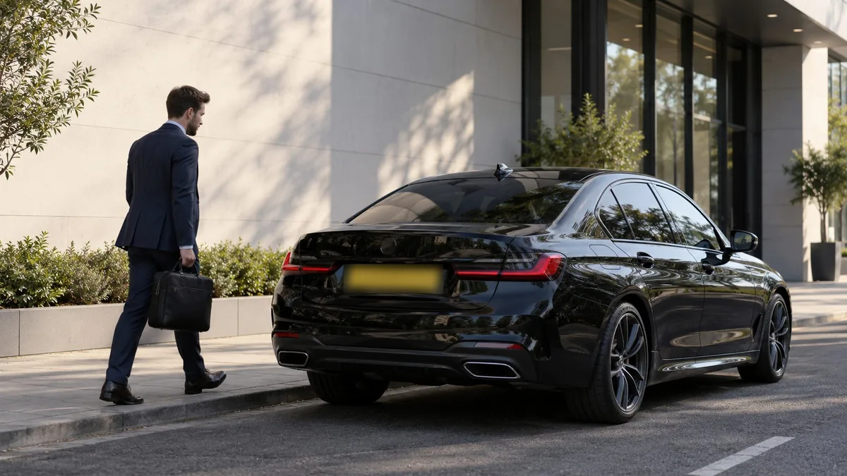 Business traveller with a laptop bag beside a black executive saloon outside a UK office