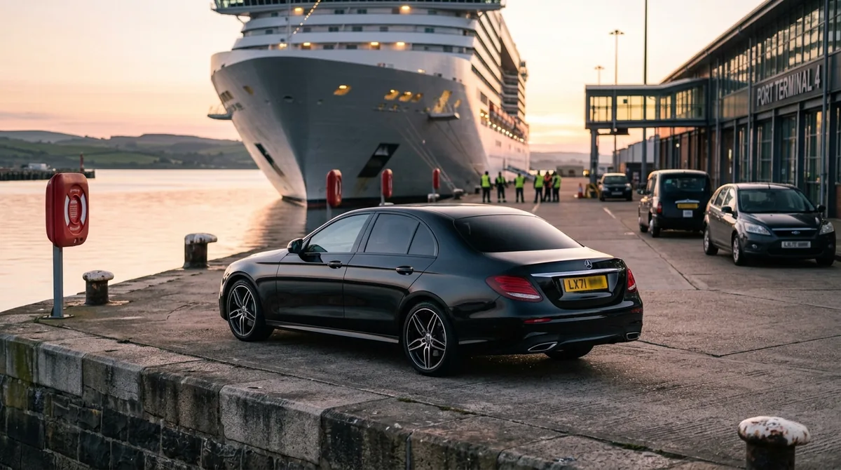 Black executive saloon at a UK cruise and ferry port for a Hampton Travel seaport transfer