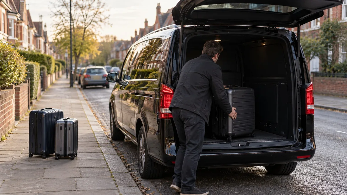 Driver loading a suitcase into a black Mercedes Vito on a UK residential street