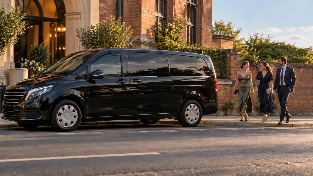 Guests in evening wear walking to a black Mercedes V-Class outside a UK event venue
