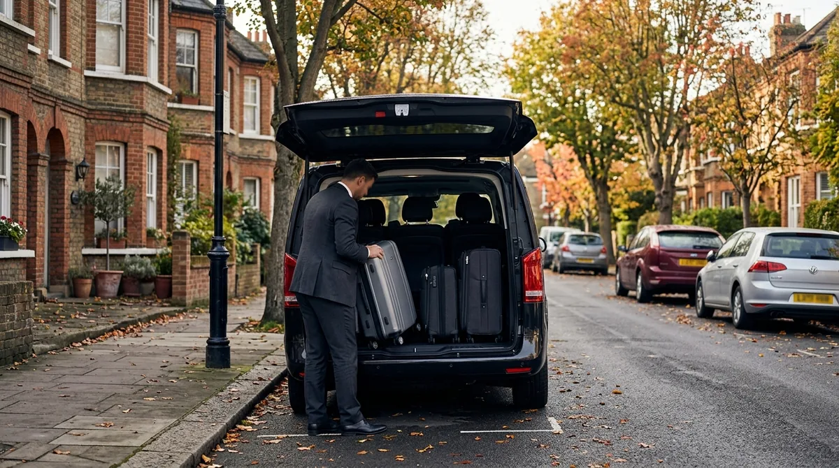 Driver loading luggage into a black Mercedes Vito for a Hampton Travel group transfer
