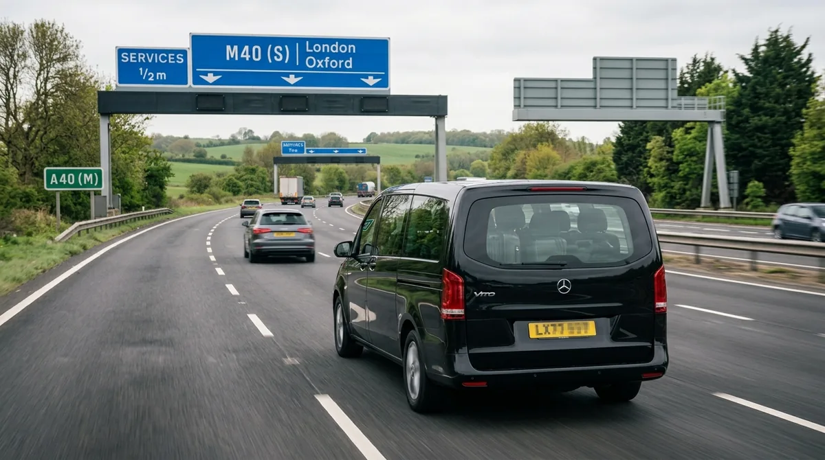 Black Mercedes Vito on a UK motorway for a Hampton Travel group transfer